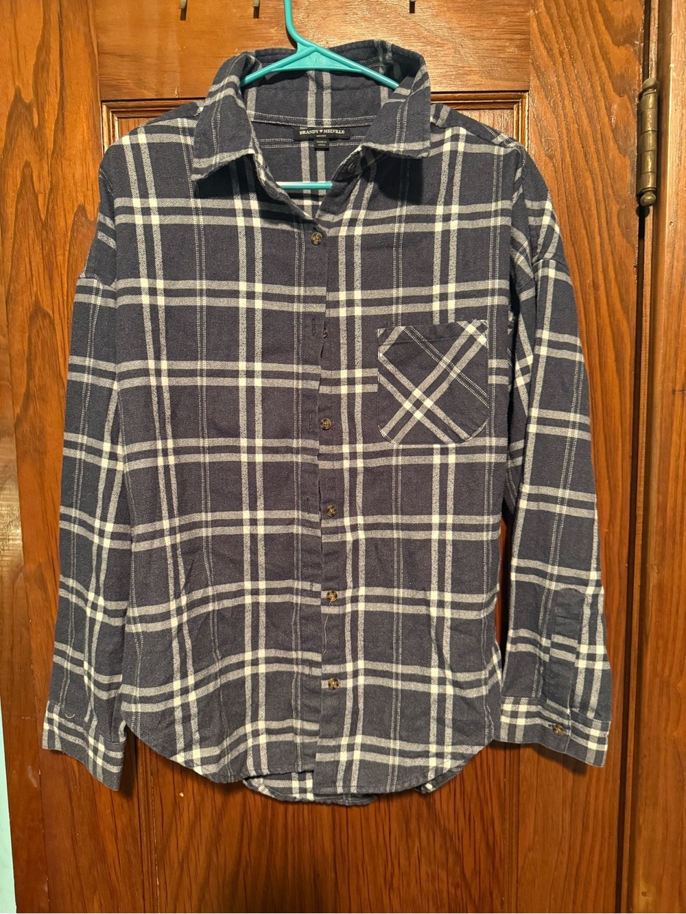 Brandy Melville Navy and White Plaid Button-Down flannel Shirt